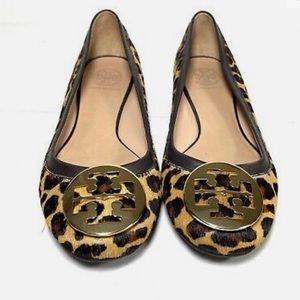 Tory Burch NEW Reva Leopard-Print Calf Hair Gold Logo Flats